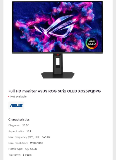 Asus готує сім OLED-моніторів: від 4K@360 Гц до 1080p@560 Гц 1
