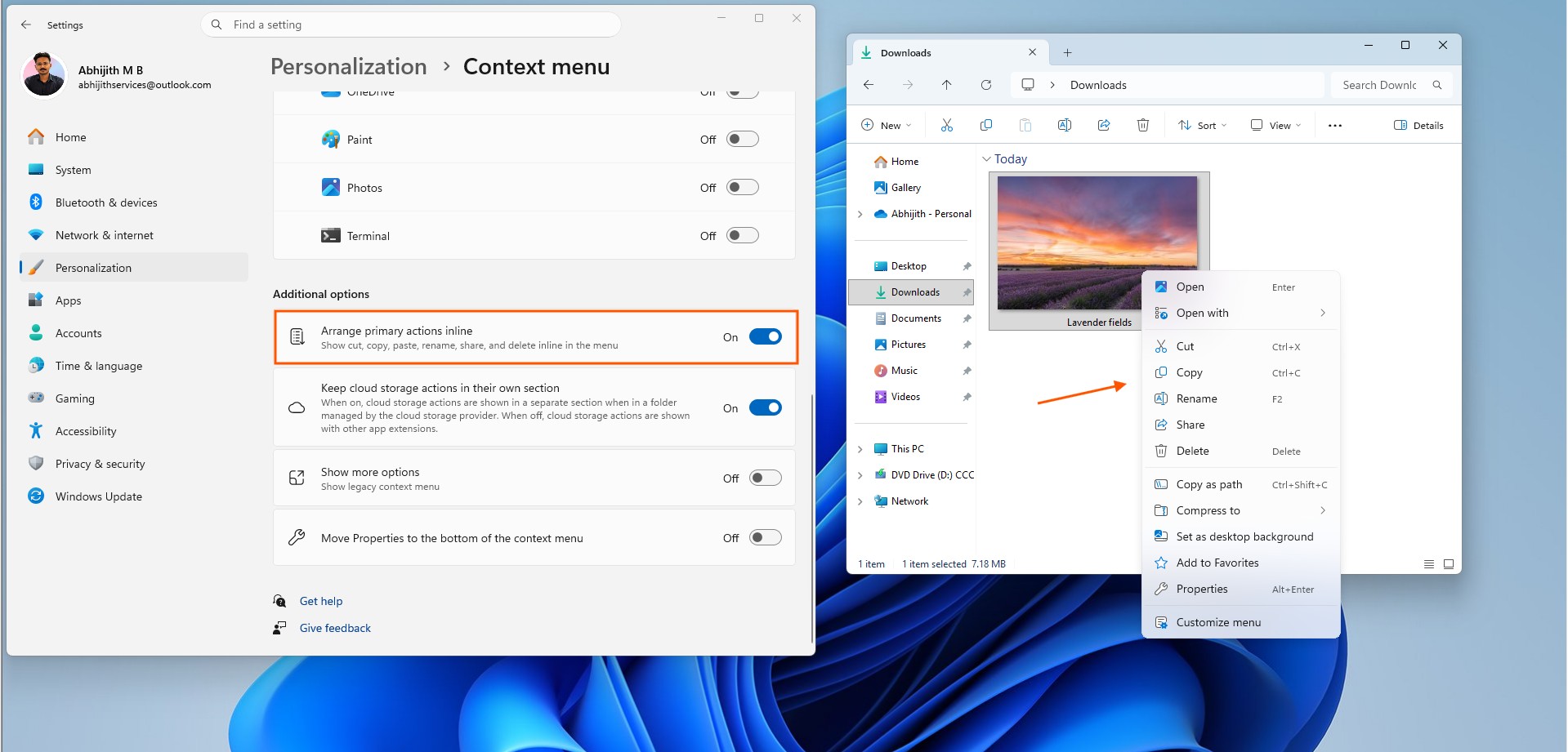 Microsoft визнає слабкість меню правої кнопки миші у Windows 11 та обіцяє покращення 13 Вертикально розташовані опції вирізання, копіювання, вставлення в контекстному меню.