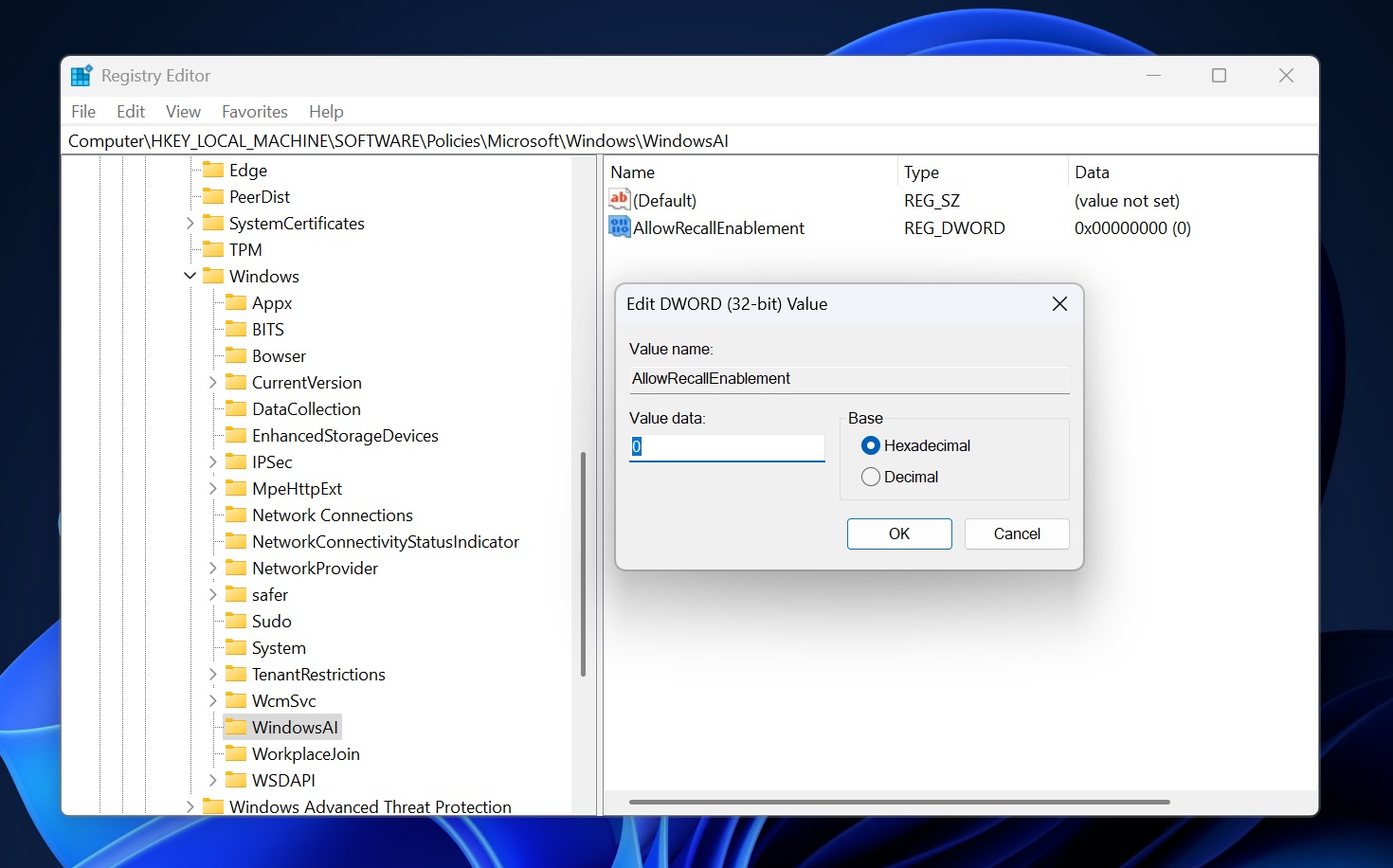 Вимкнення Recall в Windows 11 за допомогою реєстру 4 Видалення Recall із Windows 11 за допомогою AllowRecallEnablement Registry