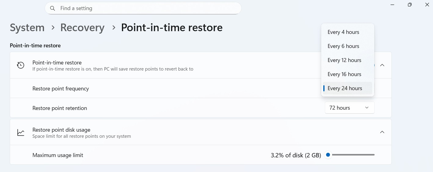 Available restore point frequencies