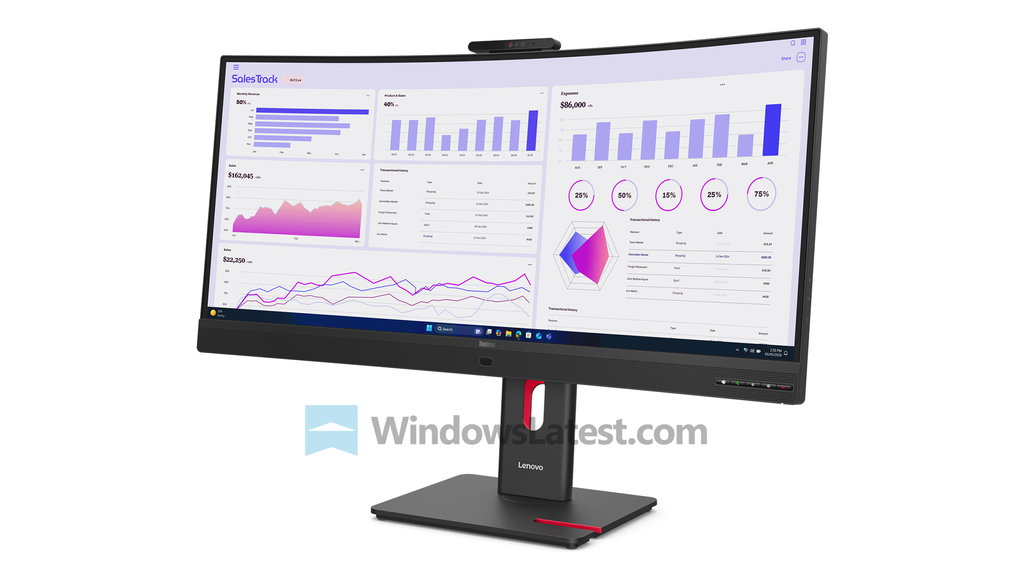Фронтальний вигляд монітора Lenovo ThinkVision t34wd 4v збоку, що показує вигнутий дисплей