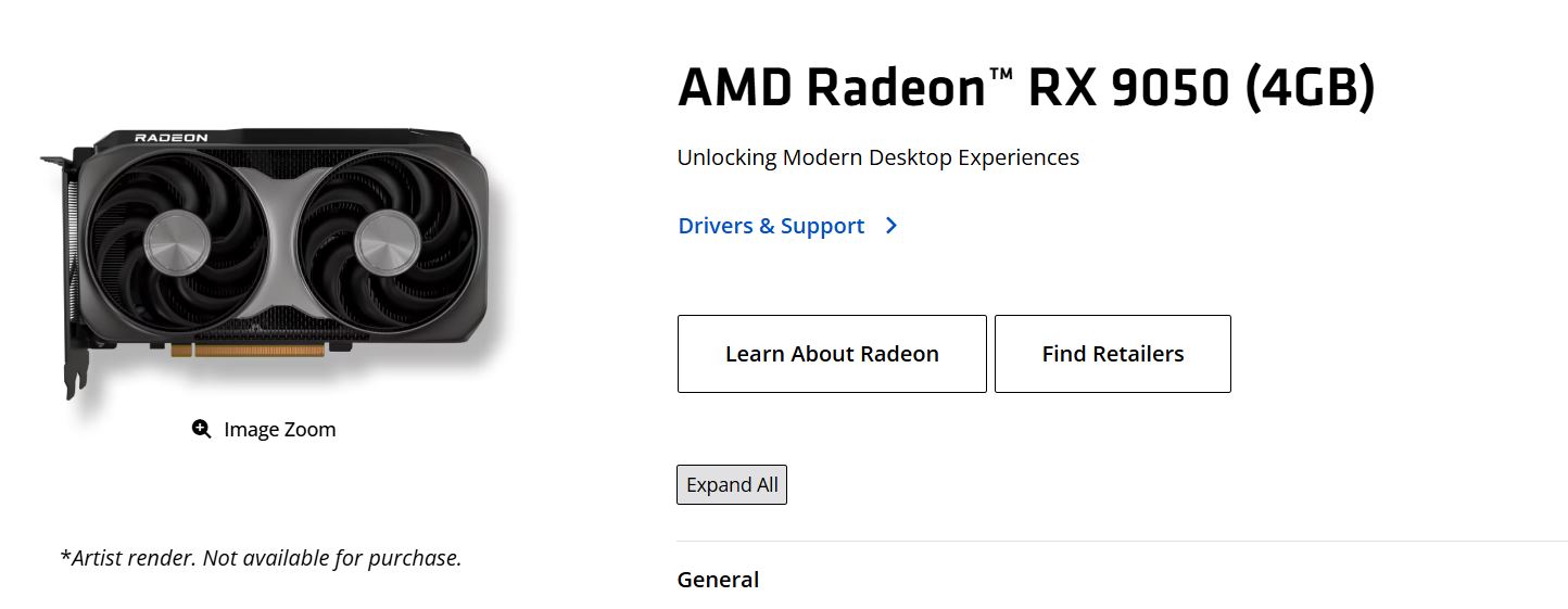 AMD Radeon RX 9050 4 GB: 64-бітний шина пам'яті та 16 МБ Infinity Cache 2