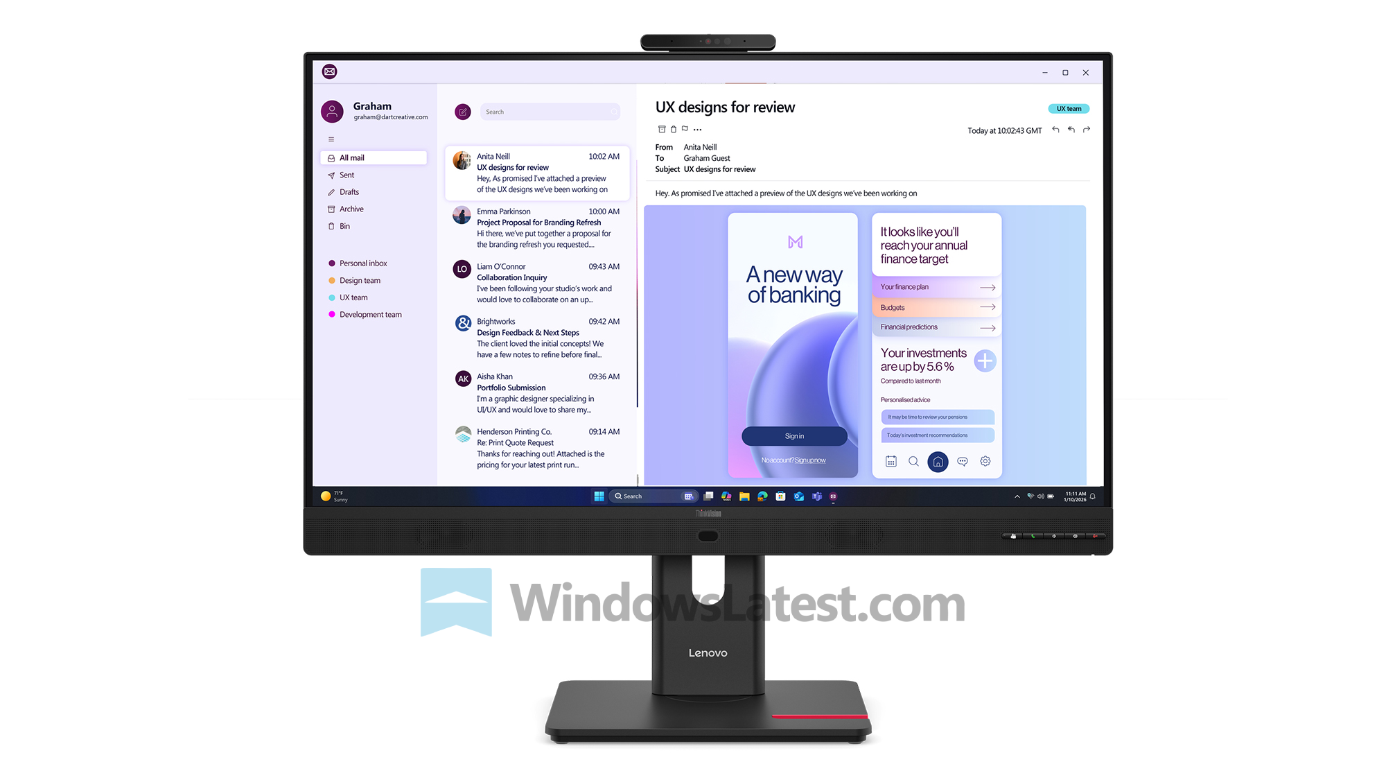 Фронтальний вигляд монітора Lenovo ThinkVision t32ud 4v