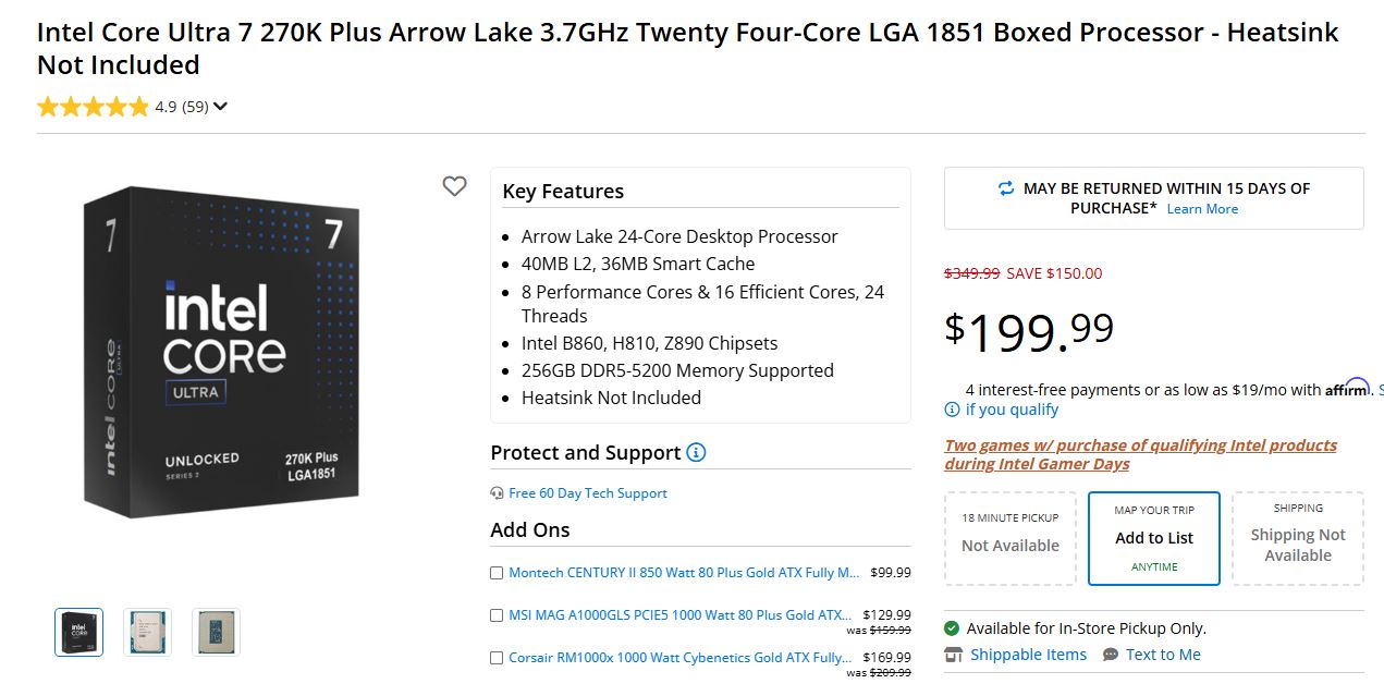Intel Core Ultra 7 270K Plus вперше подешевшав до $200, тиснучи на AMD X3D 2