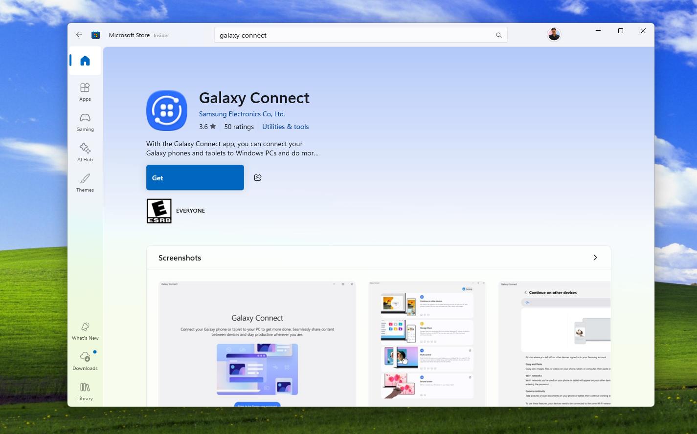 Galaxy Connect app in the Microsoft Store