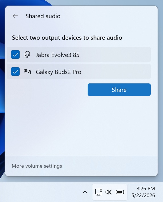 Select devices in Shared audio in Windows 11