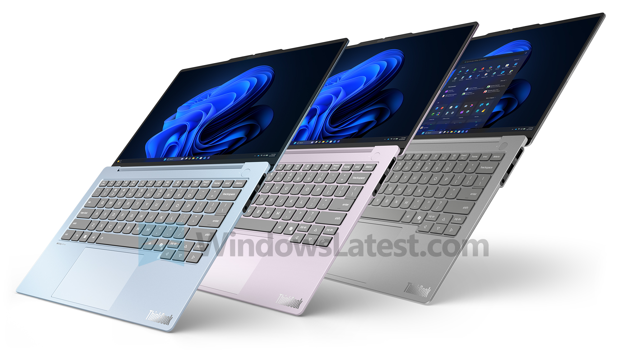 Lenovo ThinkBook 14x у трьох кольорах, розкритий на 180 градусів