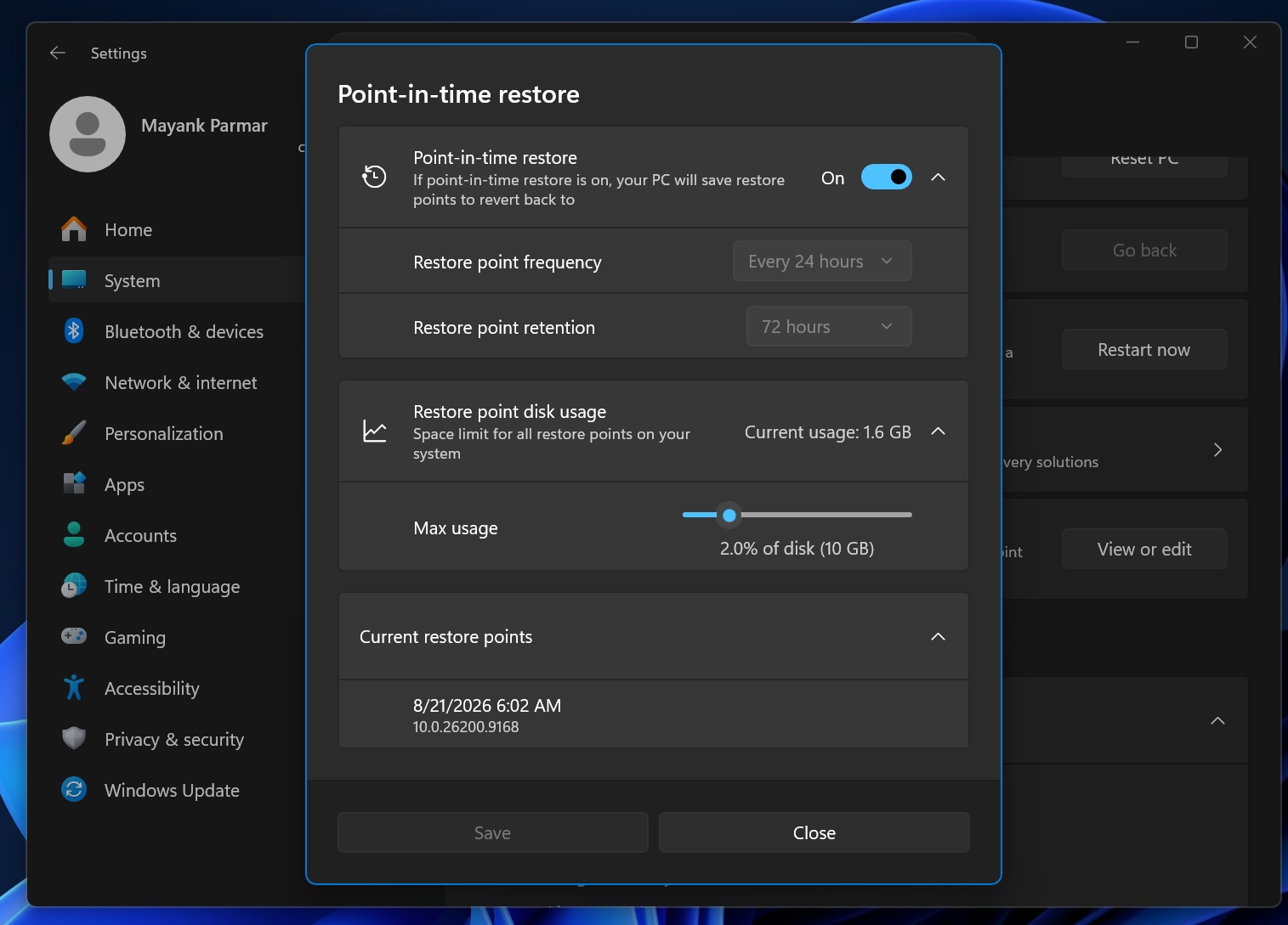 Увімкнення відновлення за часовою точкою в Windows 11