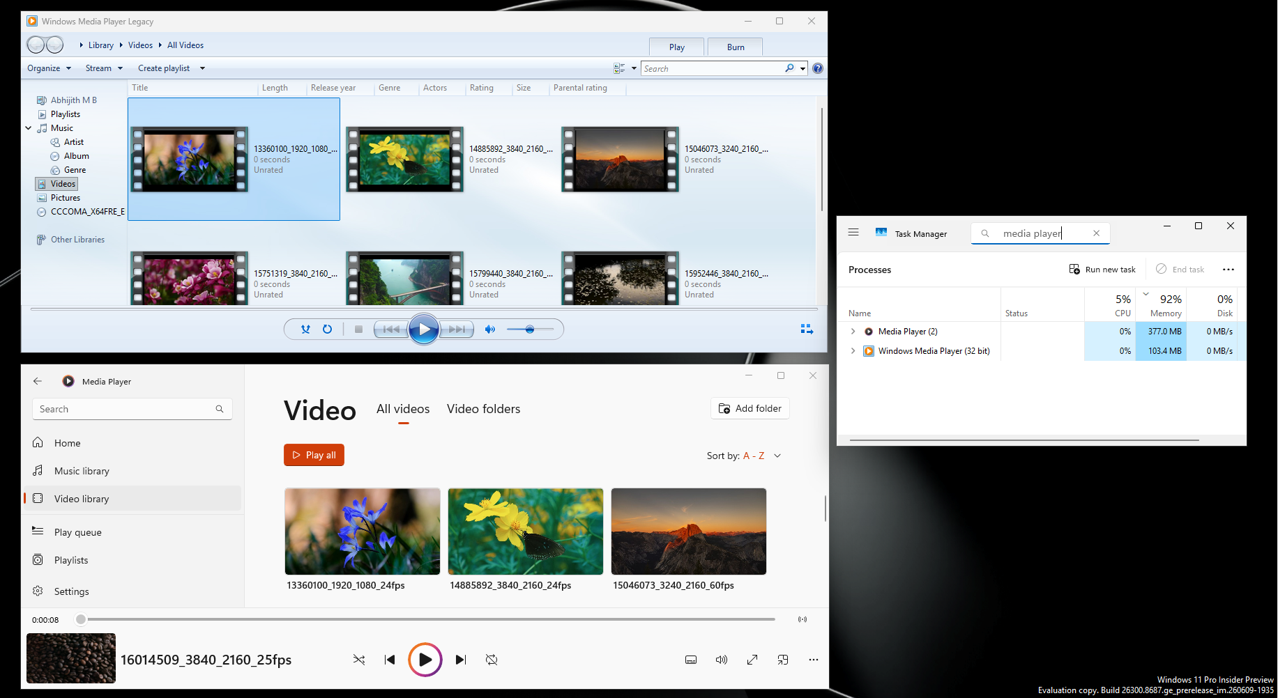 Windows Media Player RAM usage when compared with Legacy