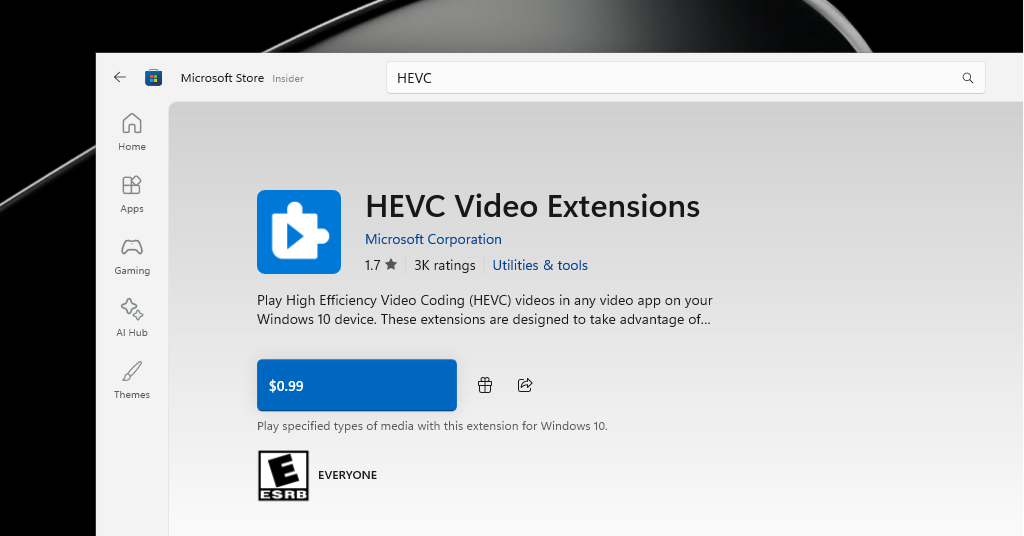 HEVC Video Extensions in Microsoft Store