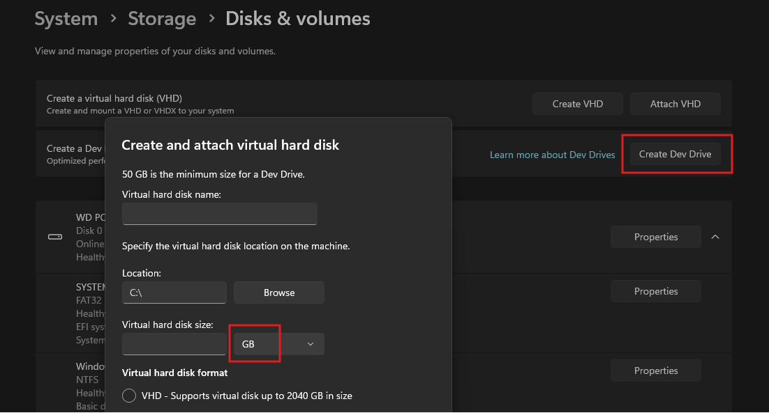 Creating Dev Drive allows GB to be used