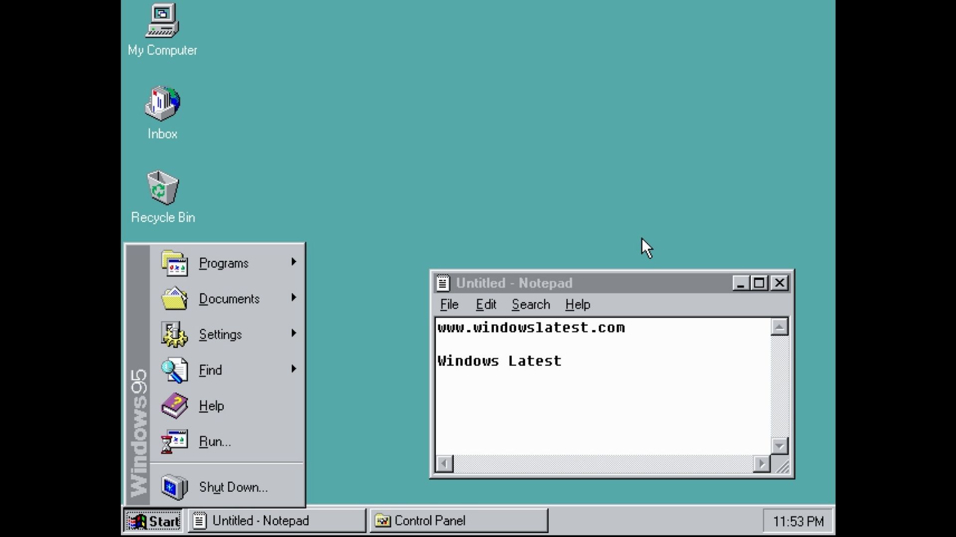 Панель завдань Windows 95 з Блокнотом та Панеллю керування
