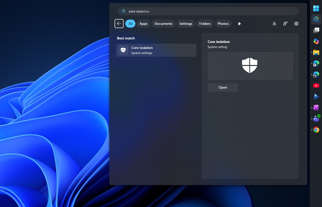 Core isolation in Windows Security