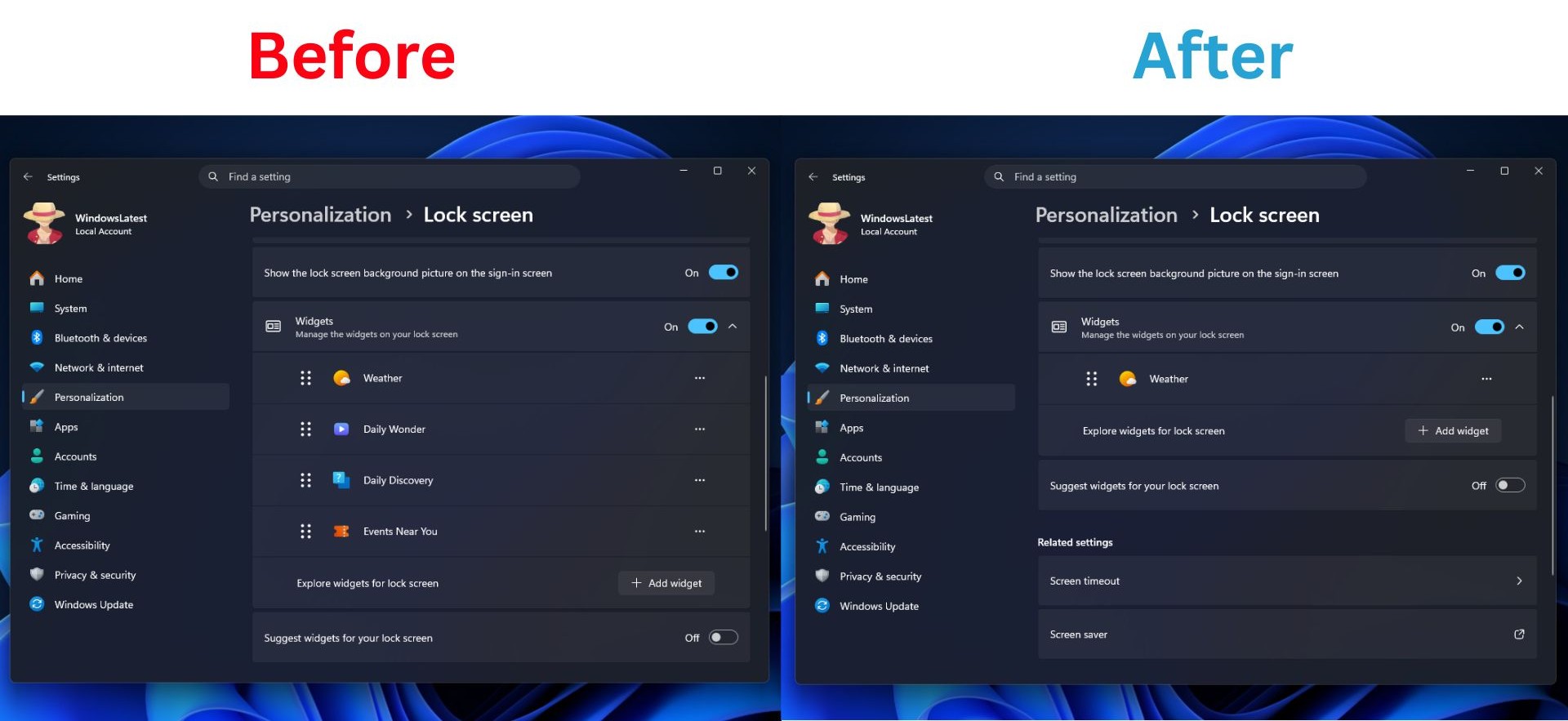 Налаштування персоналізації екрана блокування Windows 11 до та після оновлення