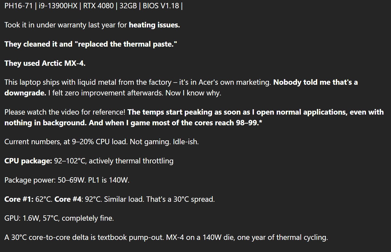 Acer замінила рідкий метал на Arctic MX-4, спричинивши перегрів Core i9 до 102°C 2