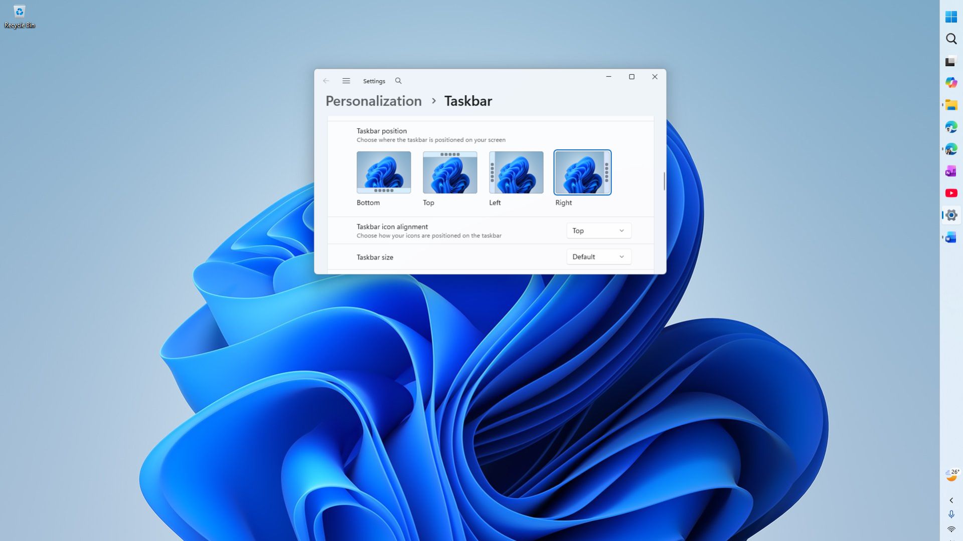 Right aligned vertical taskbar in Windows 11
