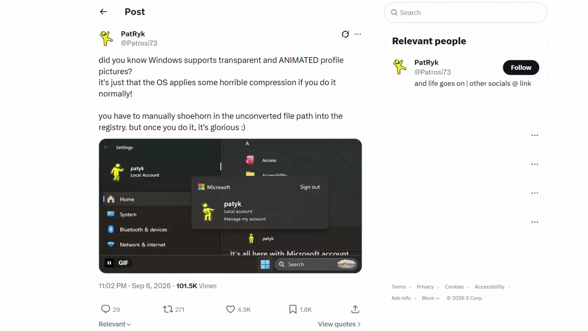 Animated GIF profile picture in Windows 11