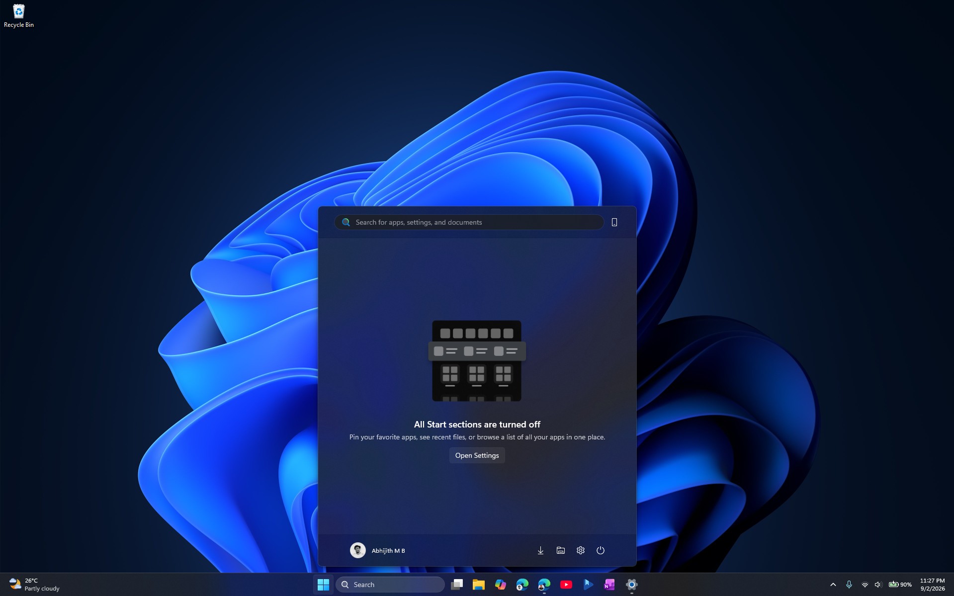 Меню «Пуск» Windows 11, коли всі розділи вимкнено