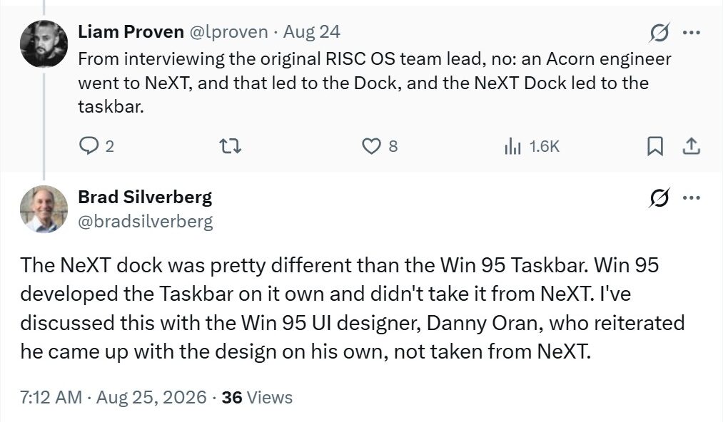 Бред Сільберберг підтверджує, що панель завдань Windows 95 не була взята з NeXT Dock