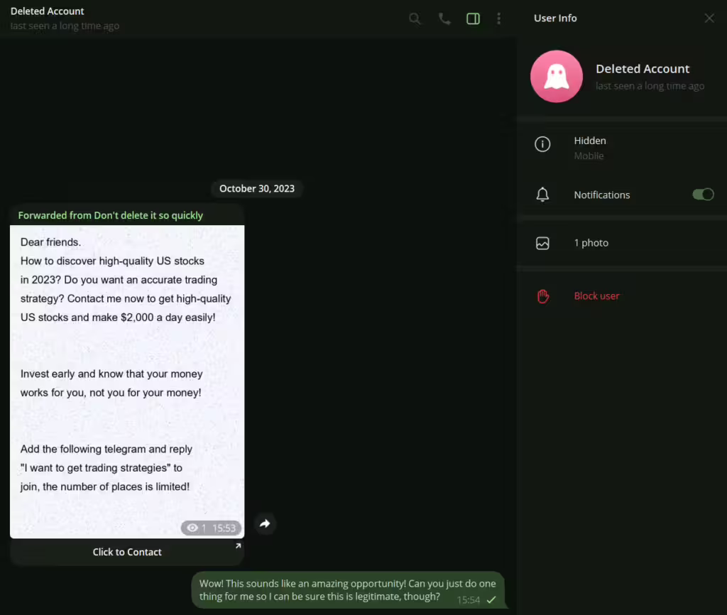 Чи безпечний Telegram? 6 ризиків, про які варто знати 14 Приклад інвестиційної афери в Telegram