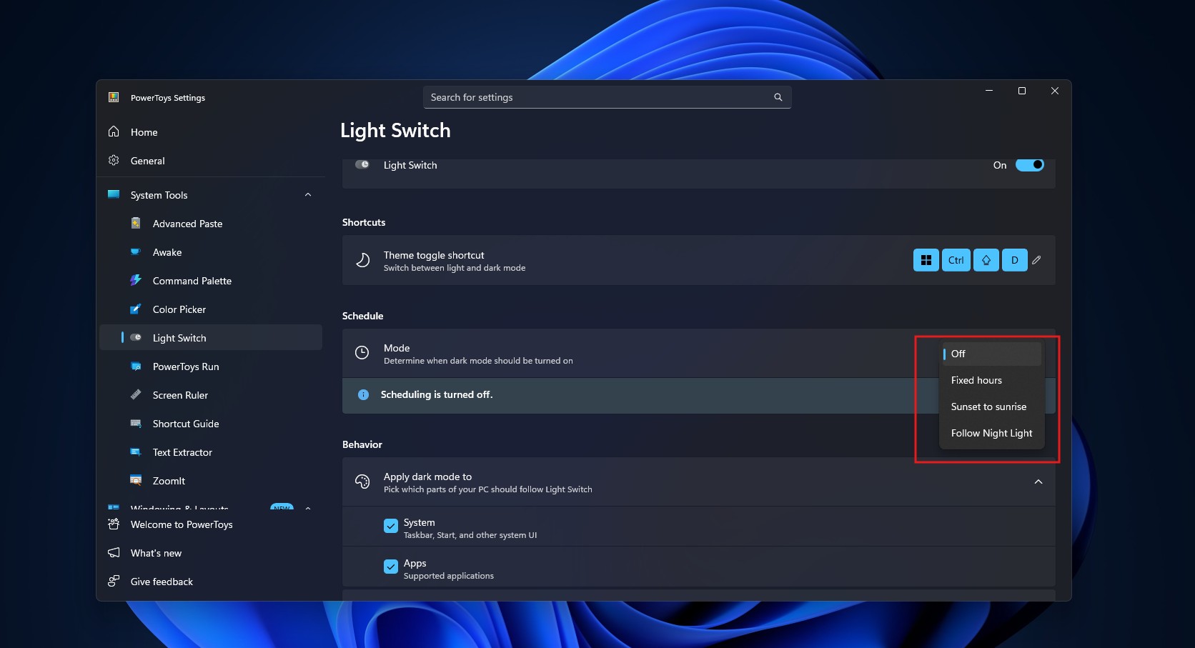 Light Switch у Microsoft PowerToys