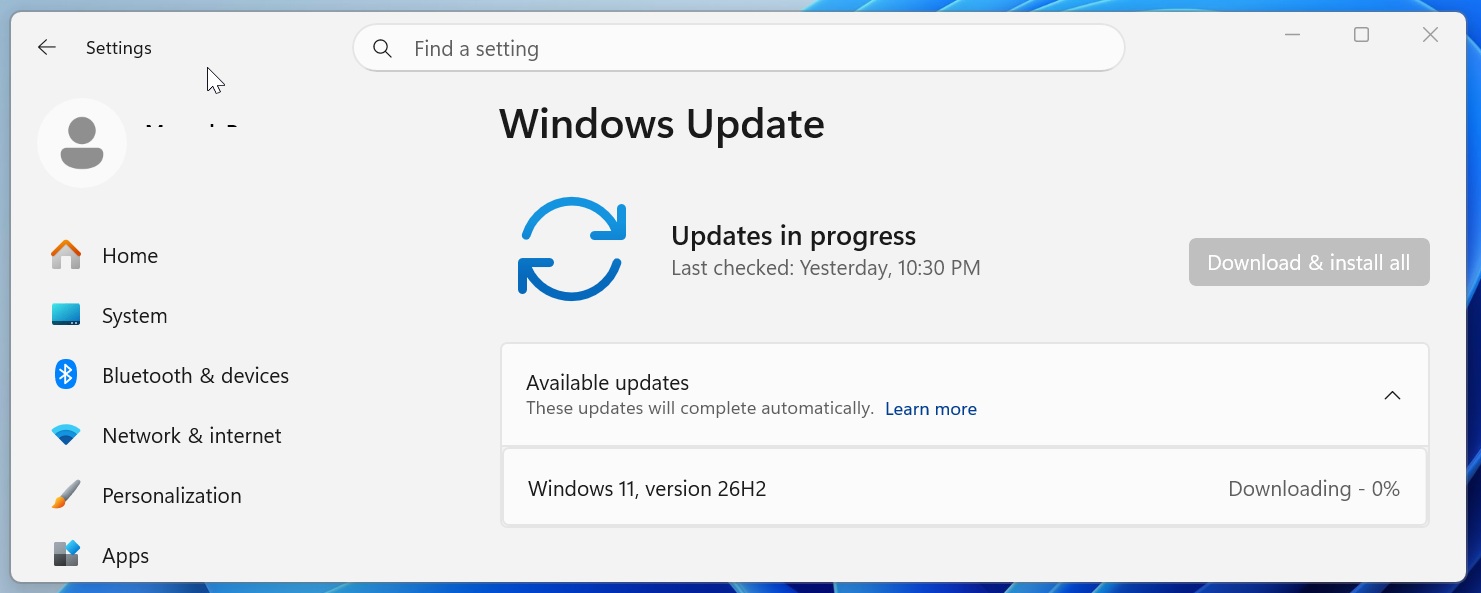 Windows 11 26H2 downloading