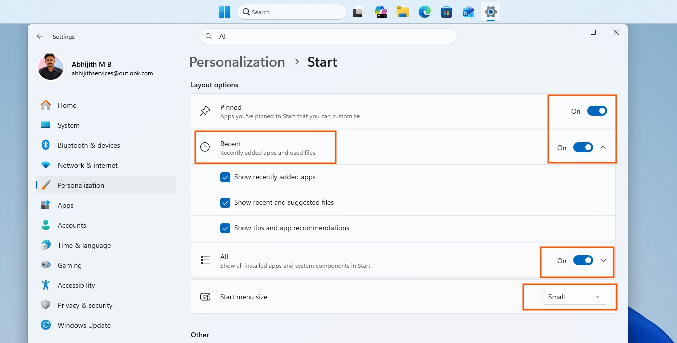 Windows 11 26H2: перші враження від оновлення 11 Start menu customization options in Windows 11