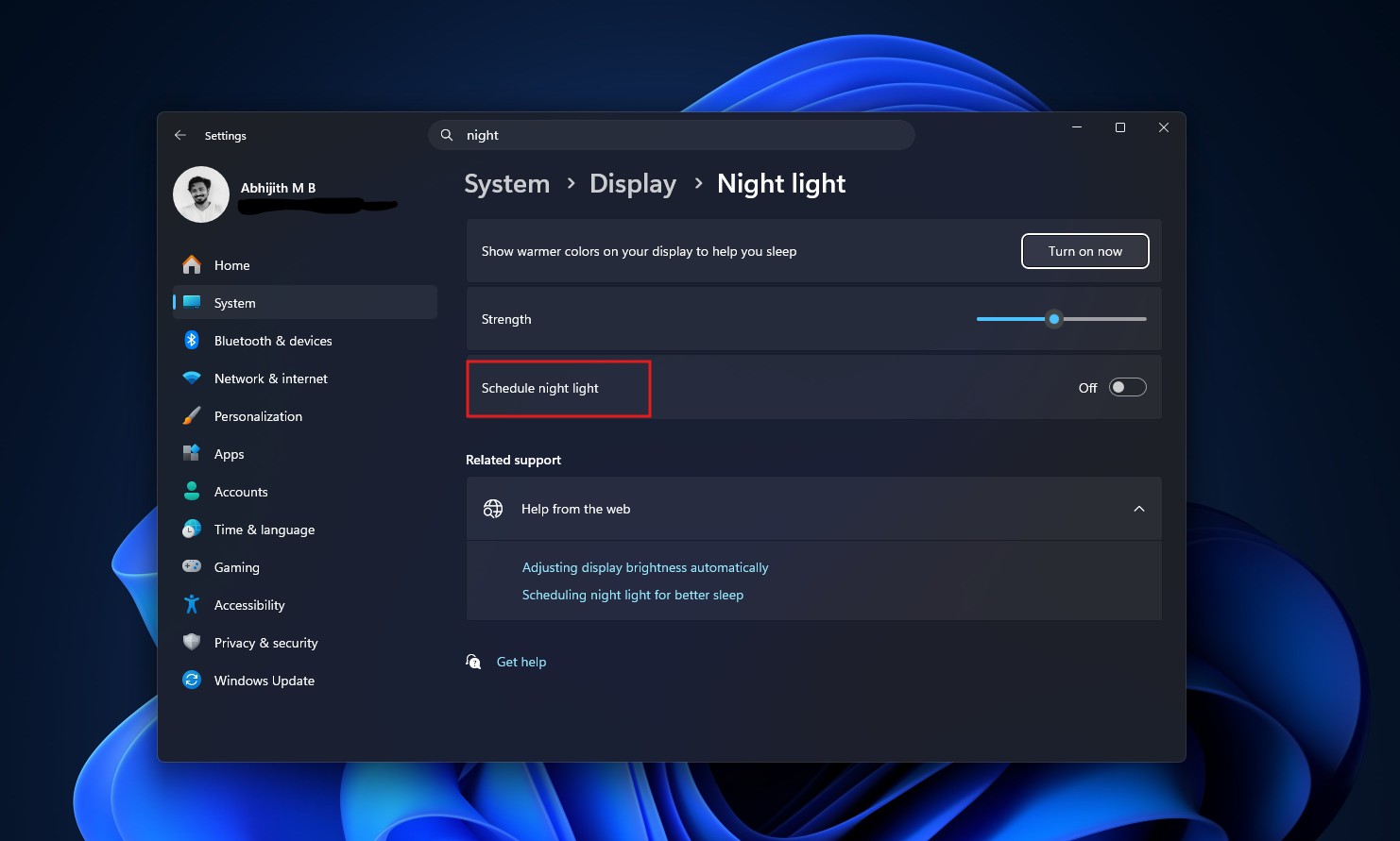 Опція планування «Нічного світла» у Windows 11