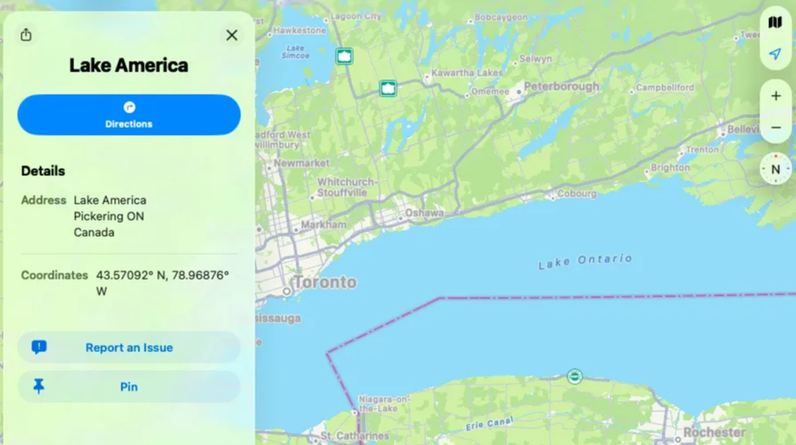 Apple Maps перейменувала озеро Онтаріо на "озеро Америка" на вимогу Трампа 1