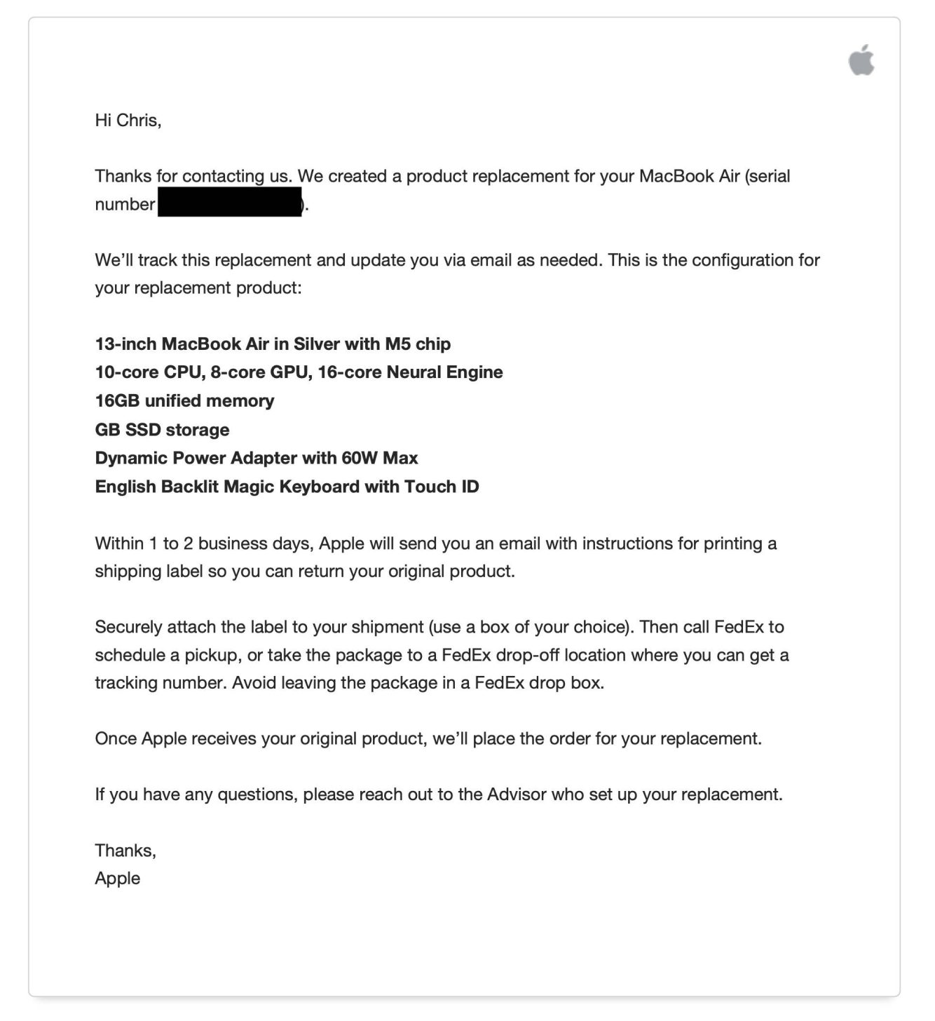 Apple безплатно замінила старий MacBook Air на новий M5 через запит на сервіс 2