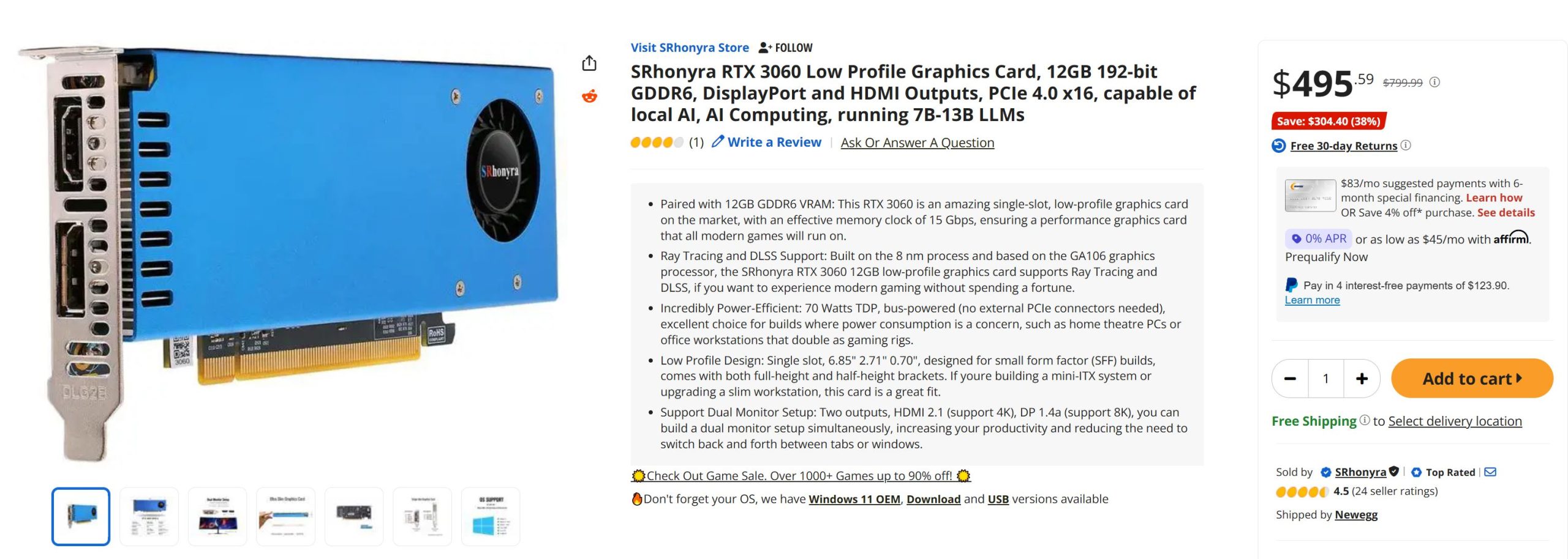 RTX 3060 12 GB без конекторів та з TDP 70 Вт з'явилась на Newegg за $495 3 RTX 3060 12 GB без конекторів та з TDP 70 Вт з'явилась на Newegg за $495 3