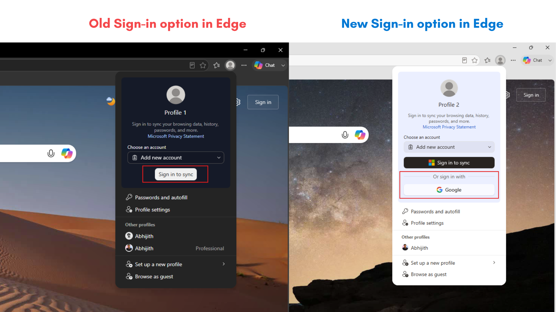 Comparison showing Sign in menu in Edge with Google