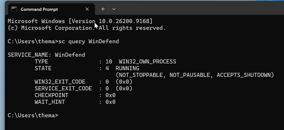 Windows 11 хибно попереджає про вимкнений захист від вірусів: як перевірити справжній статус Microsoft Defender 2 Виконання команди sc query WinDefend у командному рядку Windows
