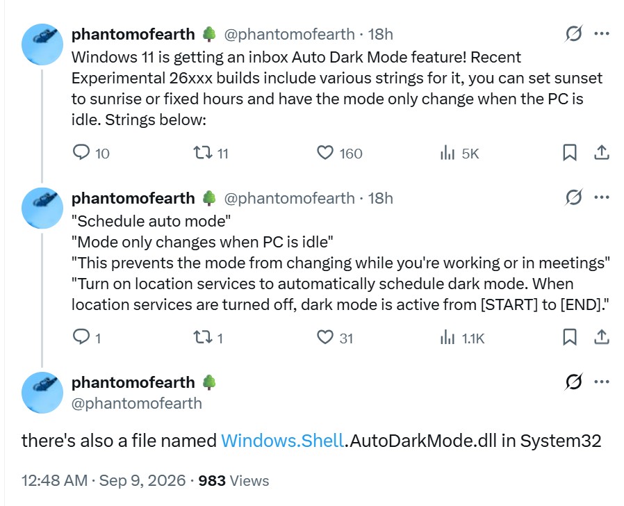 Публікація phantomofearth у X про автоматичний темний режим