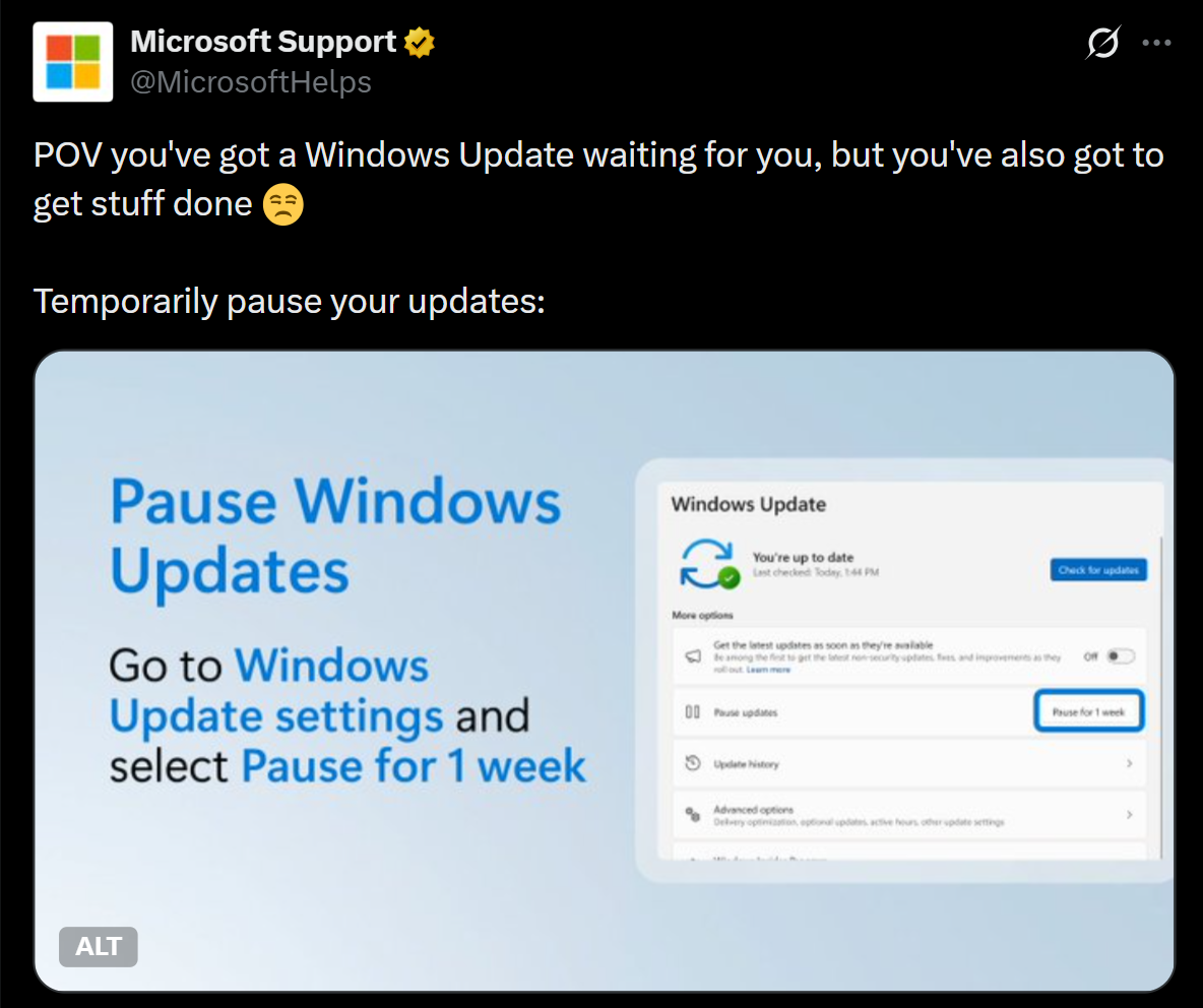 Microsoft нагадує користувачам, що вони можуть призупинити оновлення під час роботи