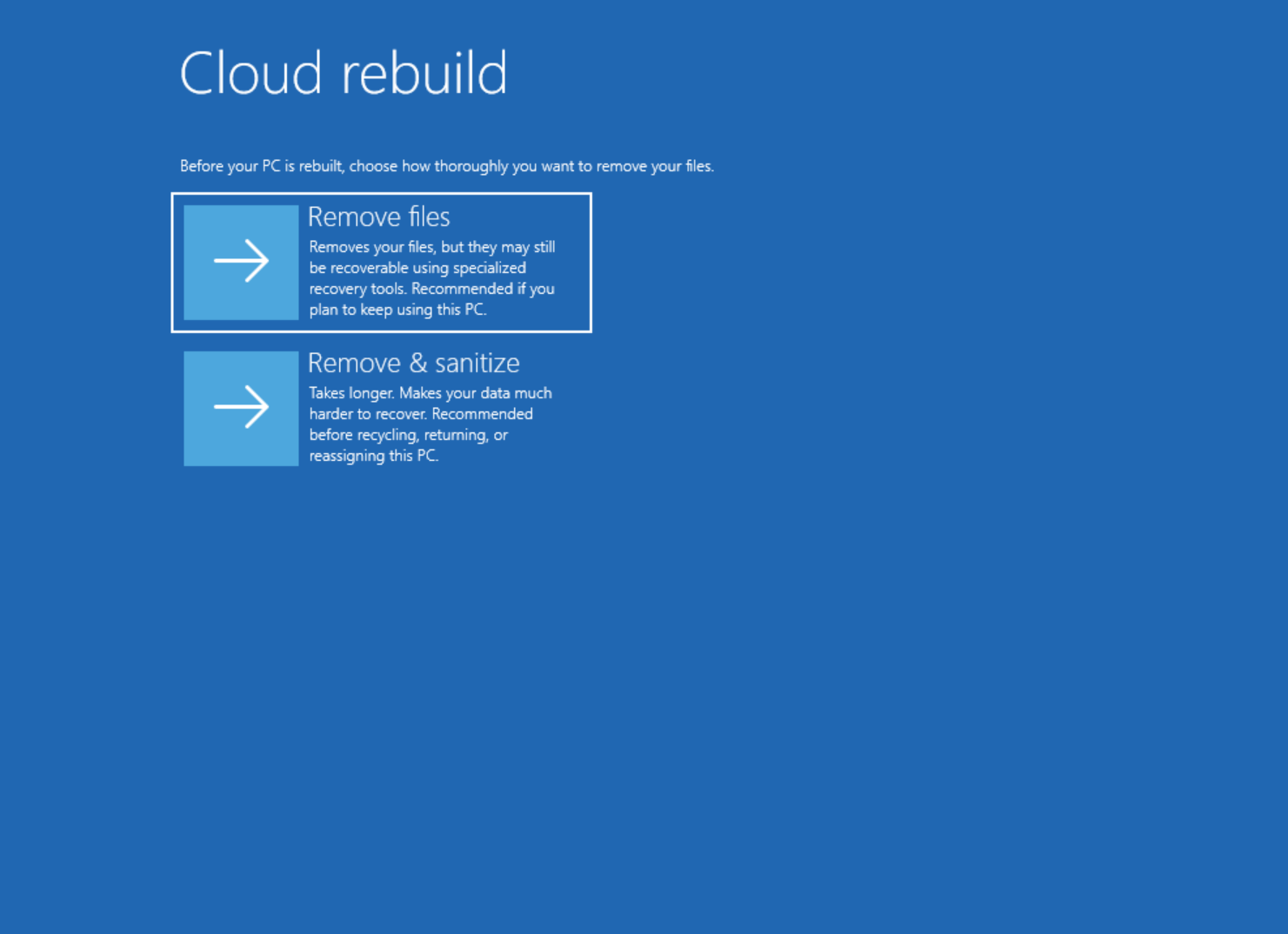 Cloud Rebuild тепер показує опції «Видалити файли» та «Видалити та очистити файли»