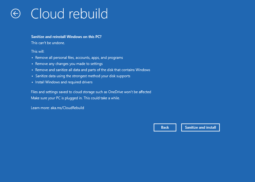 Екран підтвердження очищення в Cloud Rebuild