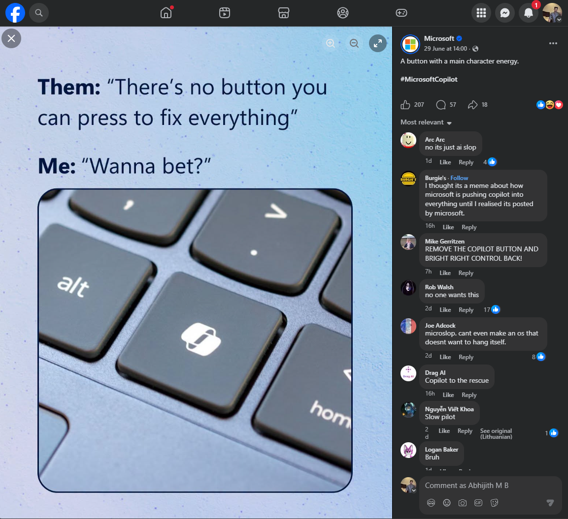 Публікація Microsoft у Facebook щодо клавіші Copilot викликала негативну реакцію