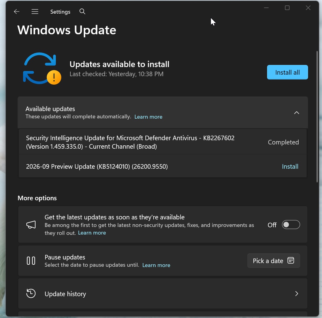 Windows 11 KB5124010: оновлення з основними змінами та прямими посиланнями для офлайн-встановлення 2 2026-09 Preview Update (KB5124010) (26200.9550)