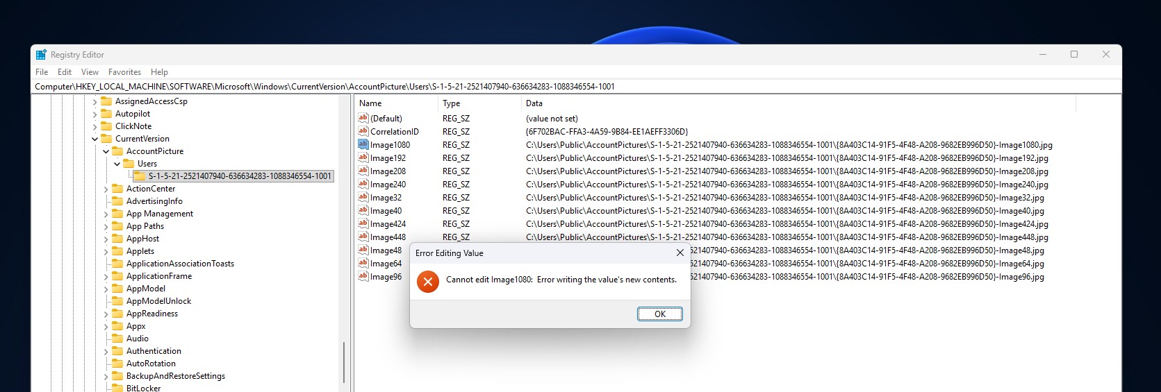 Cannot edit image 1080 error