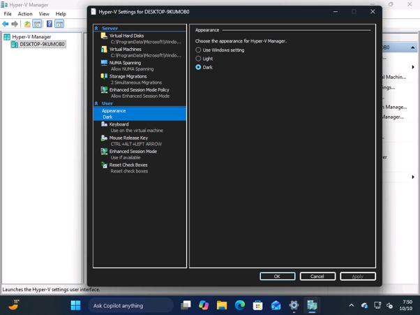 Windows 11 отримує темний режим для застарілих елементів інтерфейсу замість їх видалення 11 Сторінка налаштувань вигляду Hyper-V з опціями «Використовувати налаштування Windows», «Світлий» та «Темний»