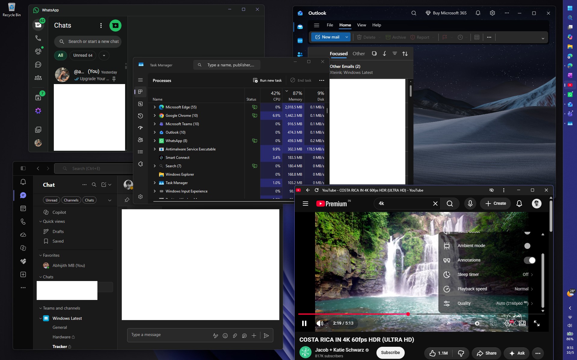 Windows 11 26H2: помітний стрибок продуктивності завдяки новій оптимізації 5 WhatsApp, Teams, Outlook running with YouTube playing 4K 60fps video and still the RAM didn't cross 90%
