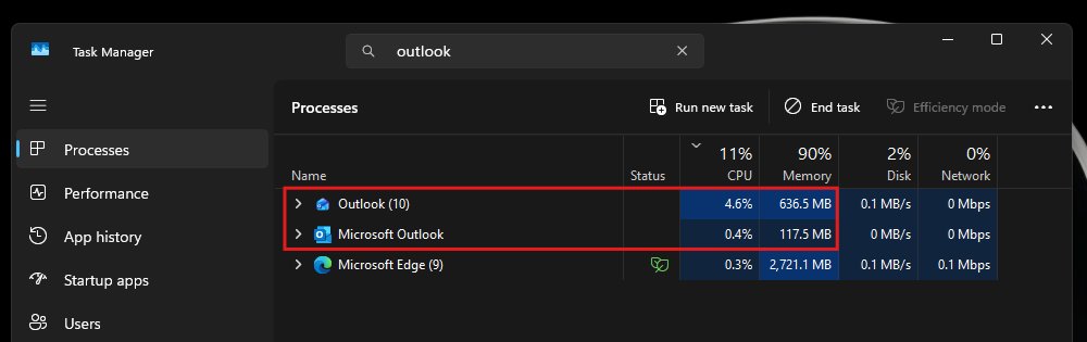 Порівняння використання ОЗП і ЦП у новому Outlook та Outlook Classic у Диспетчері завдань