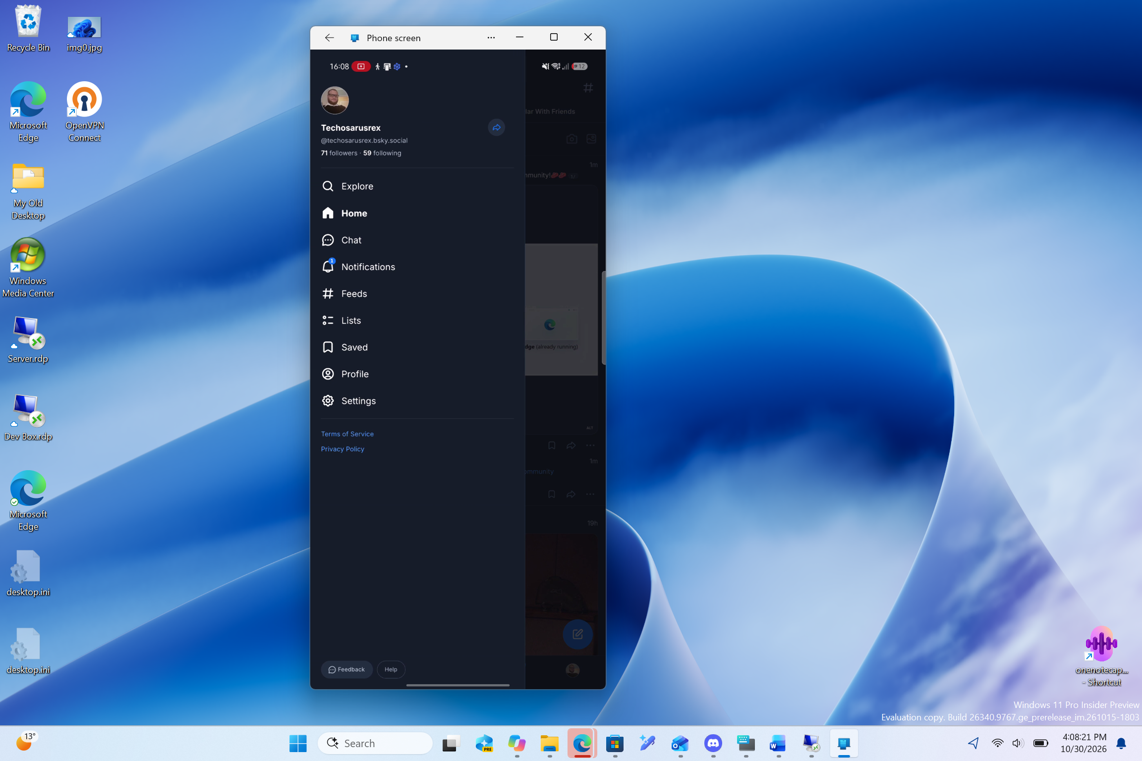 Windows 11 повертає Android-додатки через пошук і стрімінг з телефону 2 Bluesky running on phone and mirrored