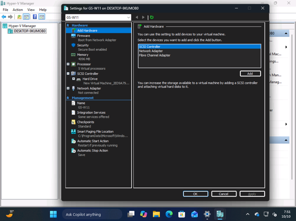 Windows 11 отримує темний режим для застарілих елементів інтерфейсу замість їх видалення 7 Налаштування віртуальної машини Hyper-V, що показують сторінку додавання обладнання у темному режимі