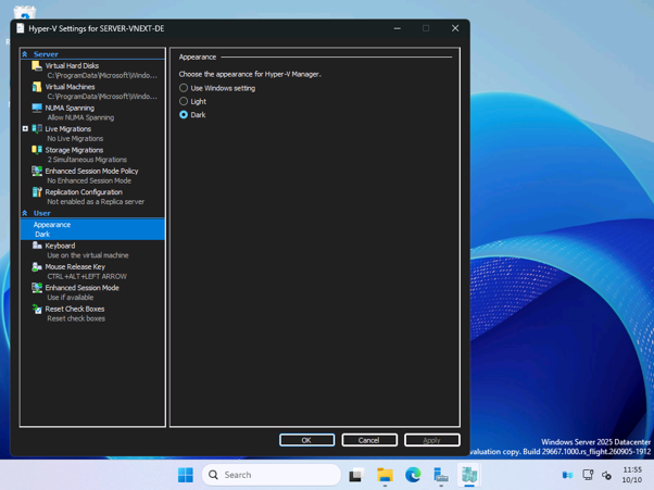 Windows 11 отримує темний режим для застарілих елементів інтерфейсу замість їх видалення 10 Налаштування вигляду Hyper-V з вибраною темною темою у попередній збірці Windows Server